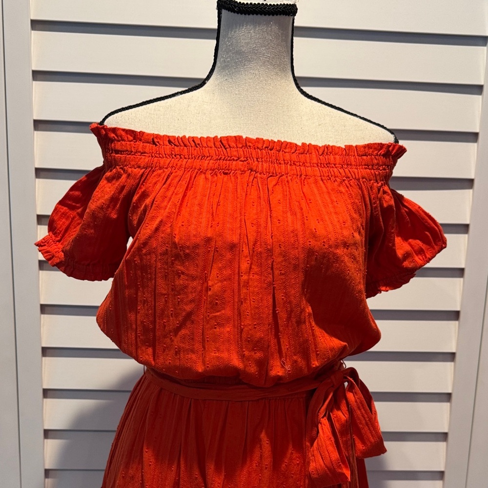 LOFT NWT Off-Shoulder Vibrant Orange-Red Maxi Dress with Belt - Picture 4 of 12